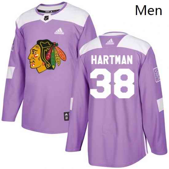 Mens Adidas Chicago Blackhawks 38 Ryan Hartman Authentic Purple Fights Cancer Practice NHL Jersey